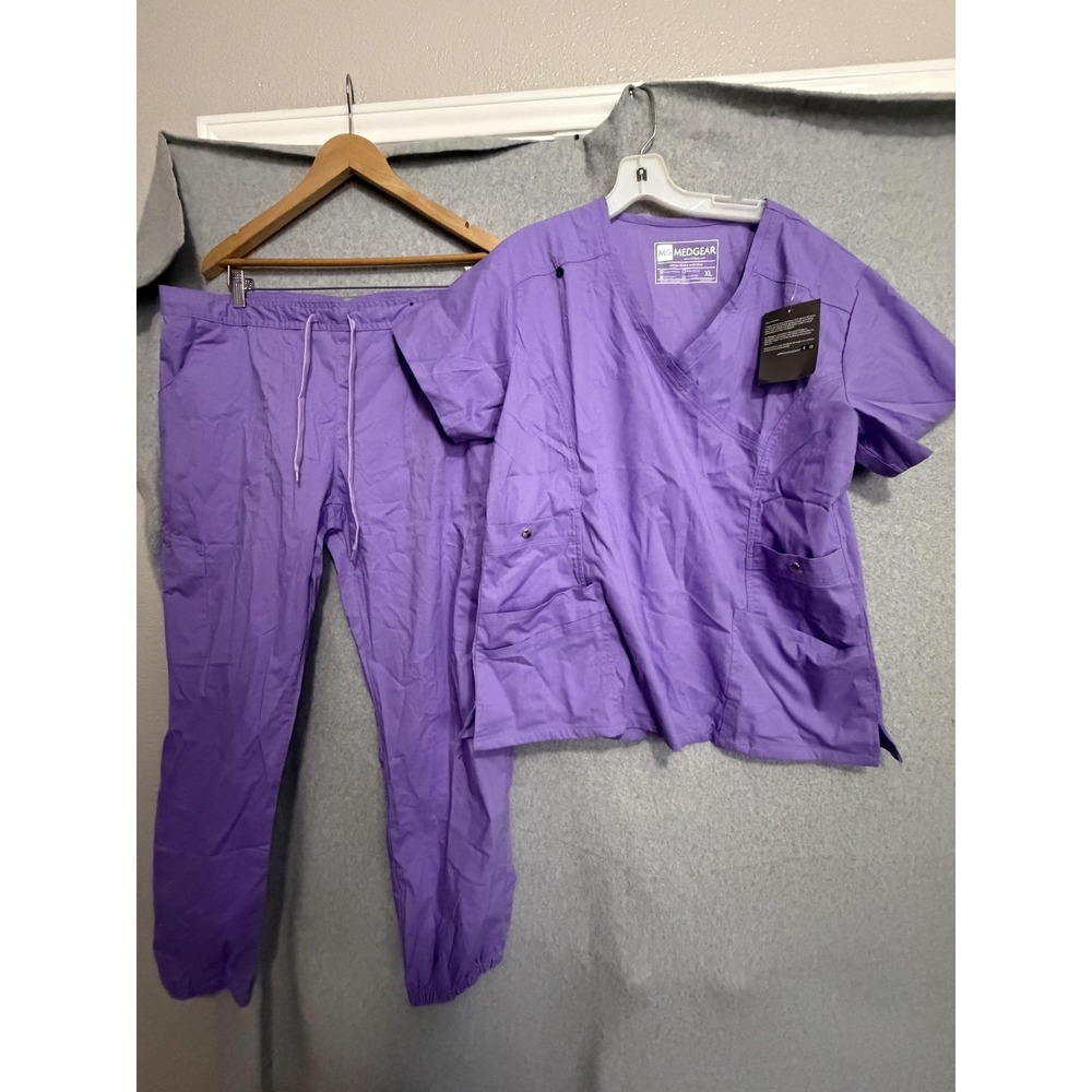 Medgear Scrub Top Pants Set Womens XL Purple Pockets Jogger Drawstring